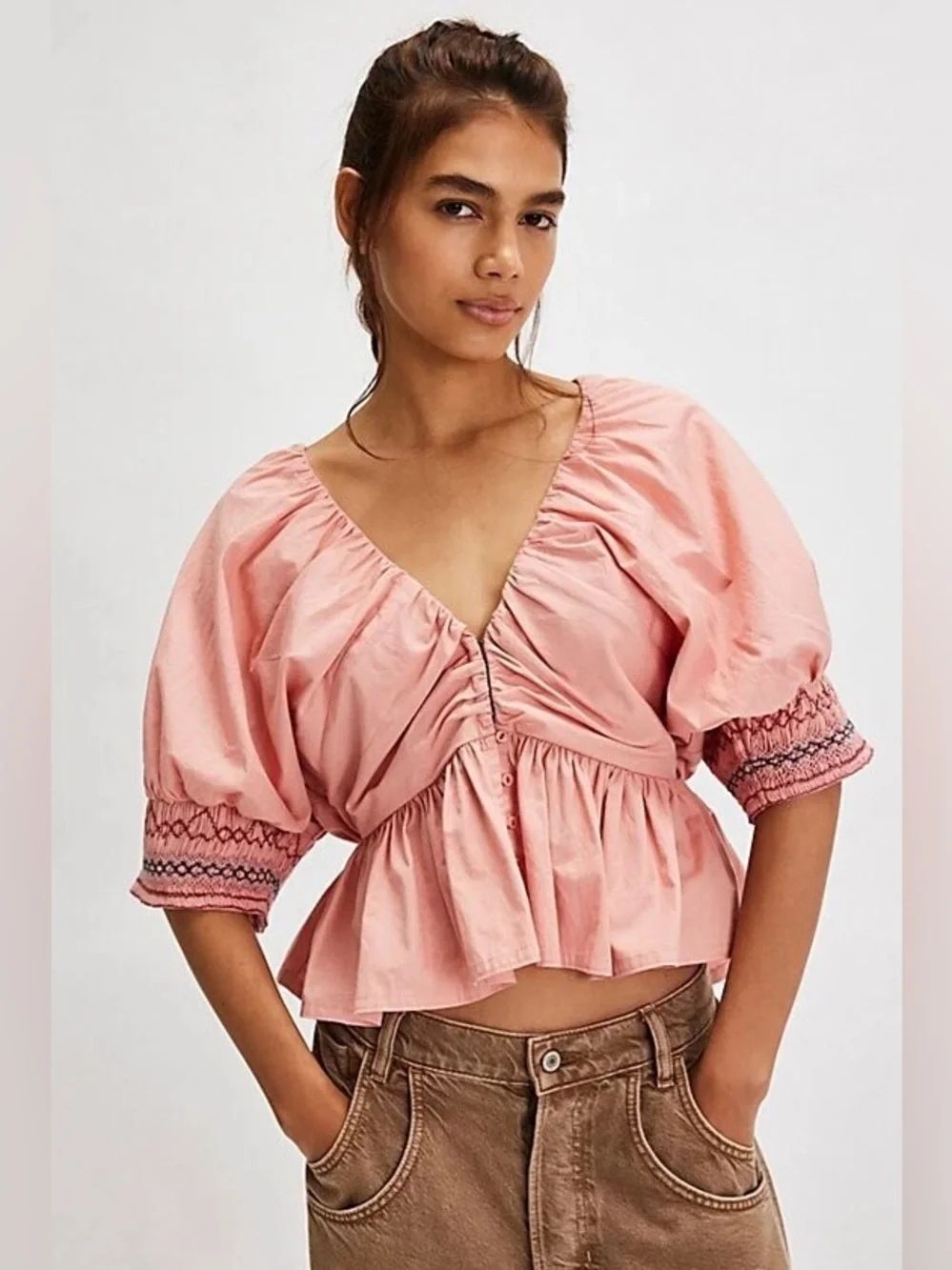 Free People Where We Meet Smocked Blouse Size SP
